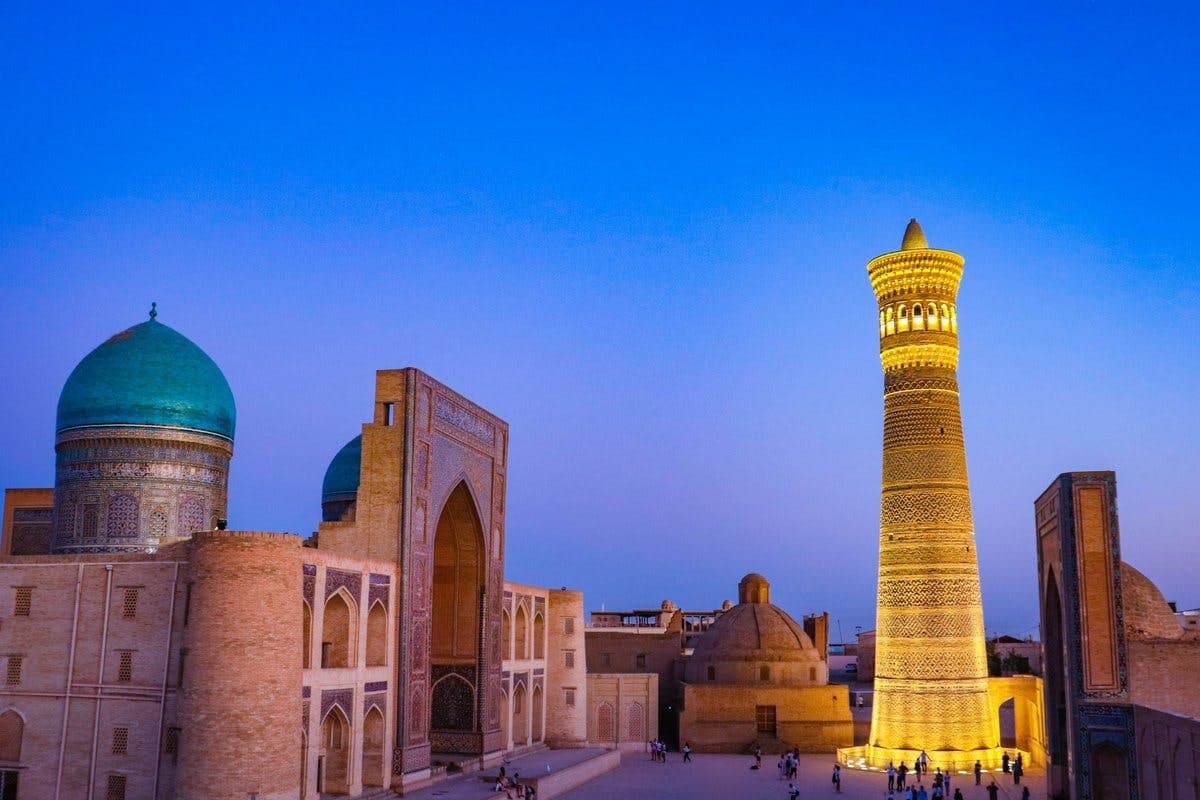 Kalyan Minaret in Bukhara against a blue sky