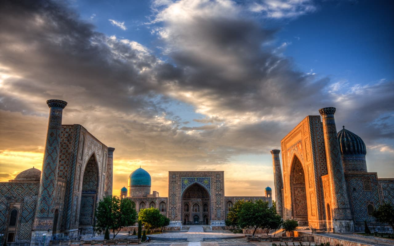 Registan Square in Samarkand at dusk